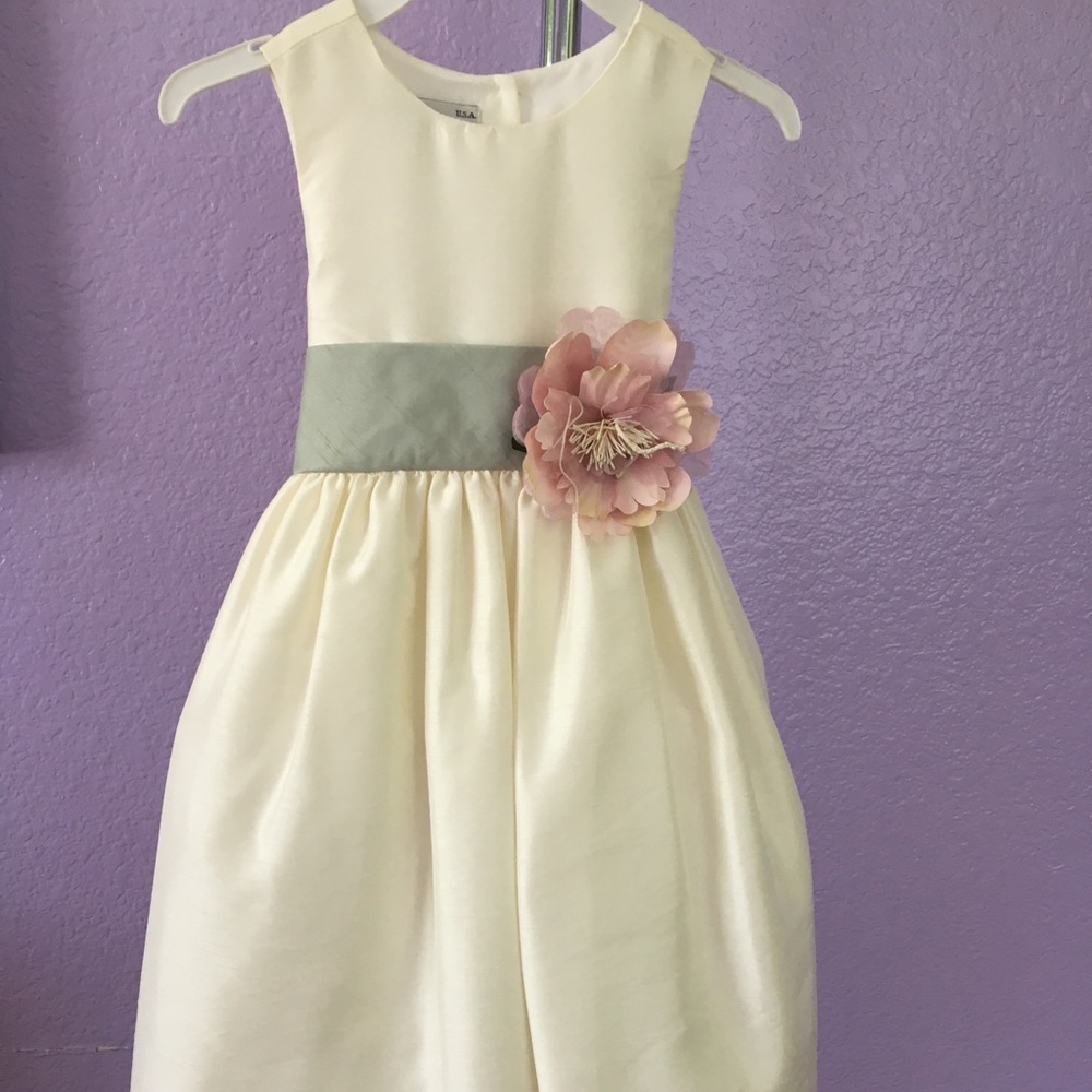 Cream Flower Girl Dress With Sage Green Bow